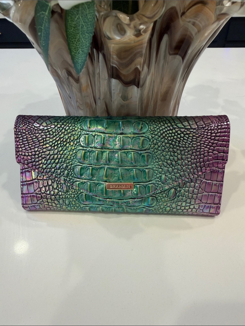 Brahmin Iridescent Green and Purple Croc-Embossed Leather Clutch